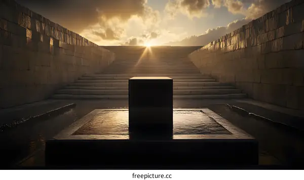 Black Cube in a Stone Courtyard with Sunset in the Background