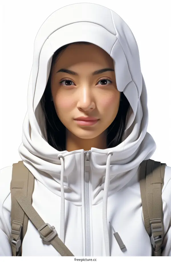 portrait of a young asian woman in a white hoodie