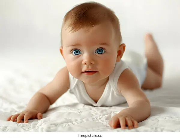 Cute Baby Girl With Blue Eyes Looking At The Camera