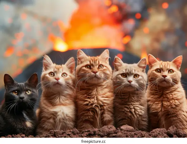 Five cats sitting in front of a volcano