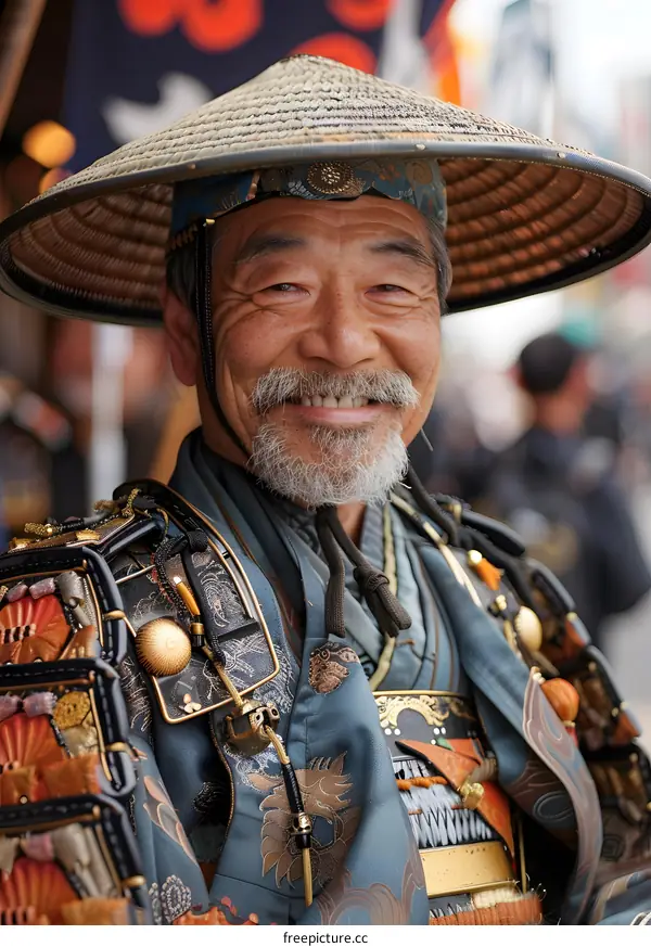 Portrait of a smiling elderly man in a traditional Japanese samurai costume