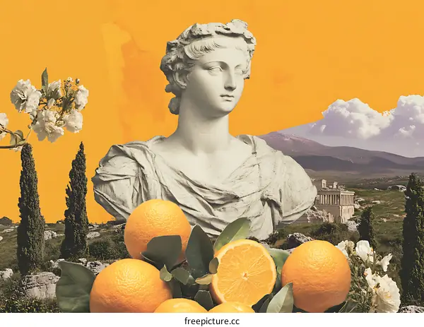Collage of Greek Statue with Oranges and Flowers on Orange Background