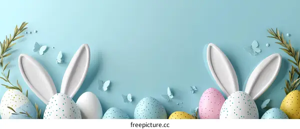 Easter Eggs and Bunny Ears on Light Blue Background