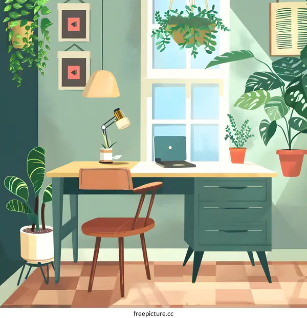 Home Office Desk With Plants And A Laptop