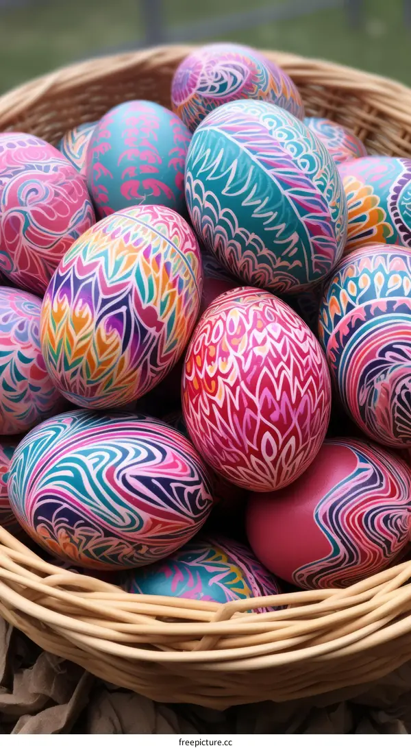 Colorful Easter Eggs in a Basket with Intricate Designs