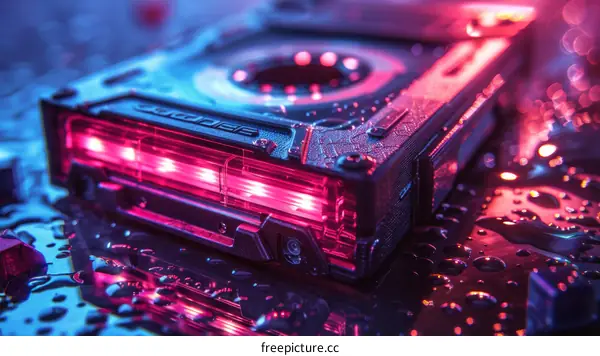A cassette tape with red and blue lights reflecting on a wet surface