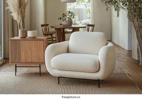 Modern Beige Fabric Armchair and Wooden Sideboard