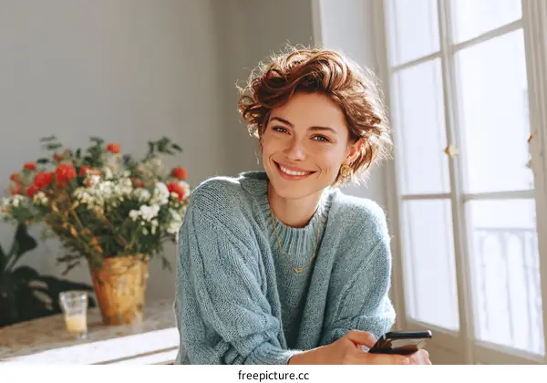 Smiling Woman Indoor Portrait with Flowers