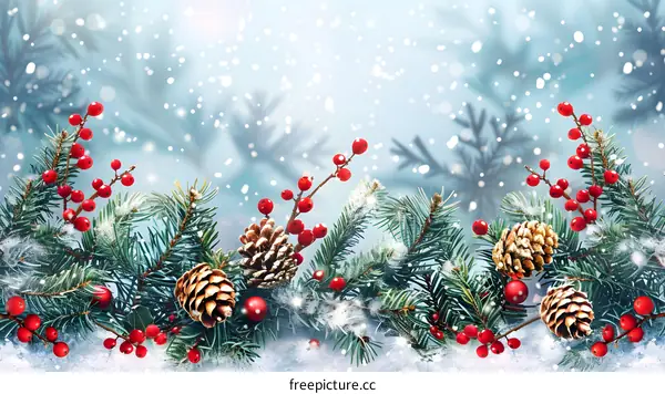 Christmas decoration with fir branches, pine cones and red berries. Winter background with snow