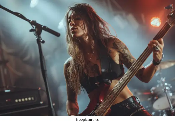 Rock musician playing bass guitar on stage during concert