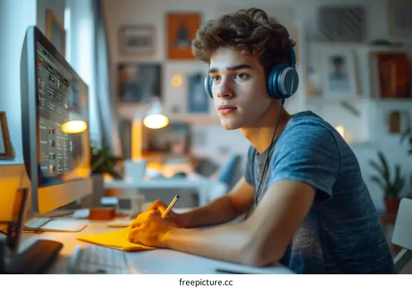 Teenage boy studying at home