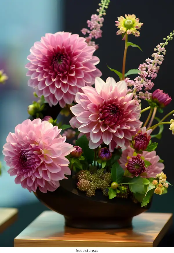 Pink Dahlias in a Black Vase