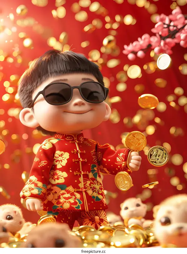 Golden Coins and Chinese Fortune Boy 3D Rendering