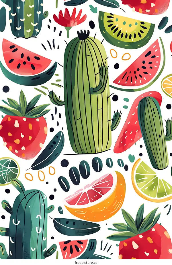 Summer Fruits and Cactus Seamless Pattern Illustration