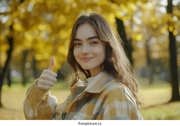 Young Woman Giving Thumbs Up In Autumn Park