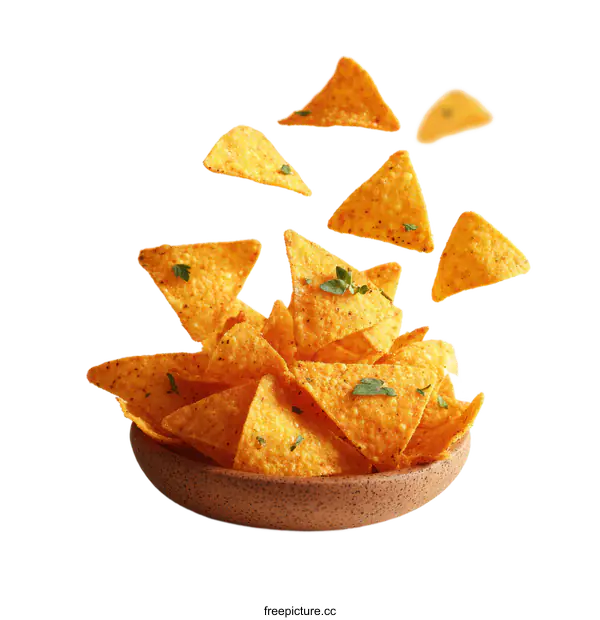[Transparent Background PNG]Crispy Tortilla Chips Falling in Bowl