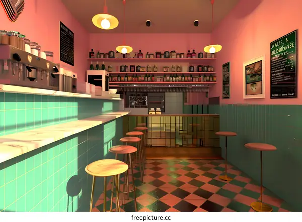Retro Style Bar Interior Design With Pink And Green Walls