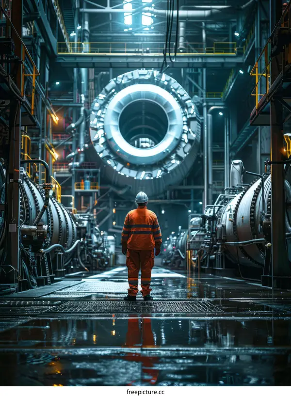 Industrial worker standing in front of a large turbine