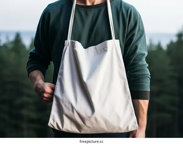 man with reusable tote bag in nature
