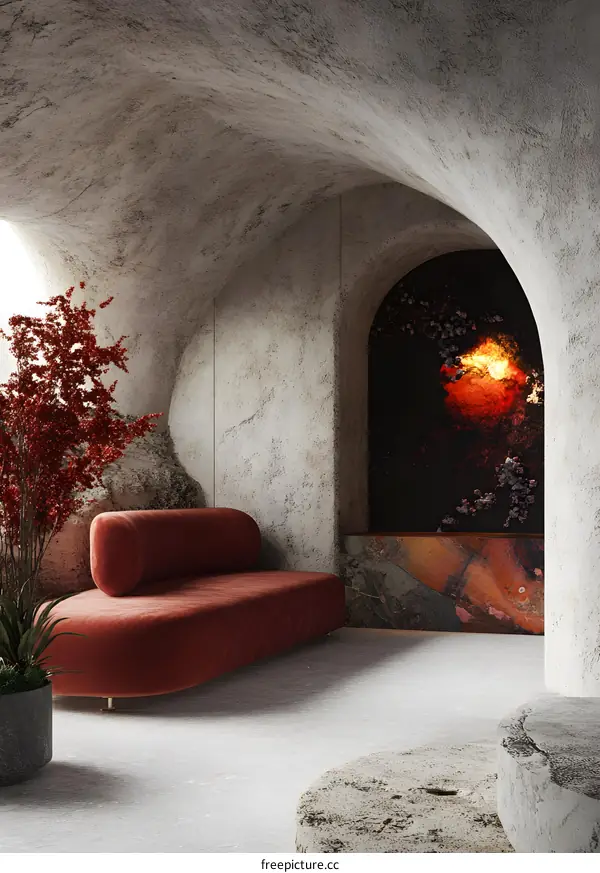 Modern Interior Design With Concrete Walls And A Red Sofa
