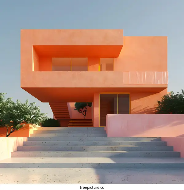 Pink house with stairs and trees