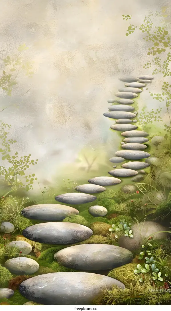 Stone Path Through Green Grass and Moss in a Fantasy Forest