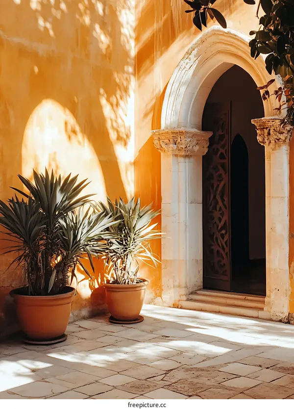 Ornate Doorway Entrance with Plants in Sunlight