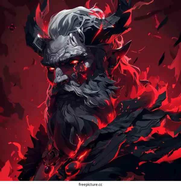 A demon with red eyes and a long white beard