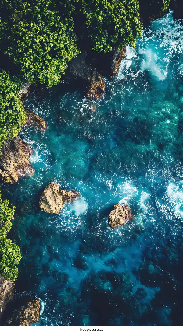 Aerial View of Turquoise Ocean Water with Rocks and Green Trees