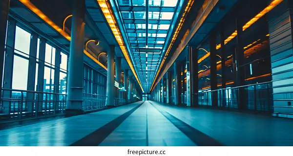 Modern Architecture Corridor With Glass Panels and Yellow Lights