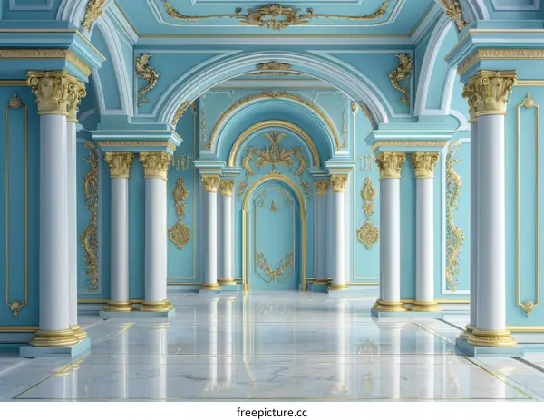 ornate hallway with marble floor and gold accents