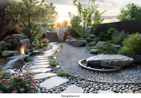 Zen Garden Pathway with Rocks and Stone Lantern