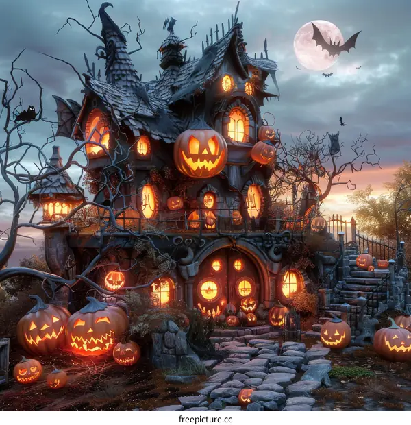 Spooky Haunted House with Jack-O'-Lanterns