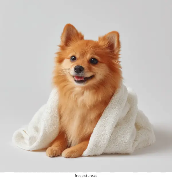 Adorable Pomeranian Dog Wrapped in a Towel
