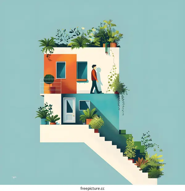 Modern House with Green Roof and Man Walking on Stairs