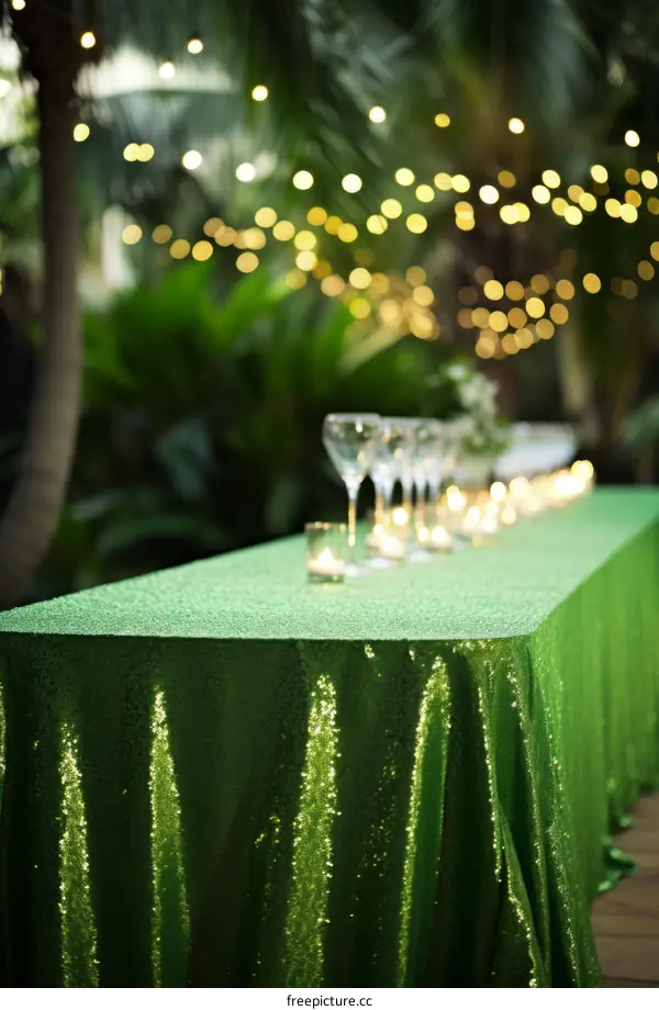 Sparkling Green Tablecloth with Wine Glasses and Candles