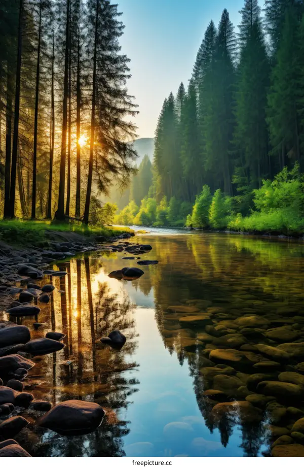 The sun rises over a river in the forest