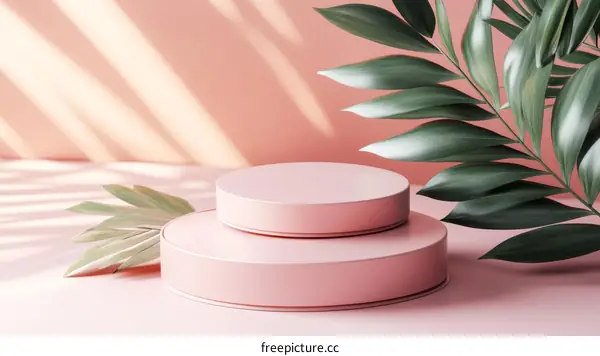 Pink Product Display Stand with Tropical Leaves