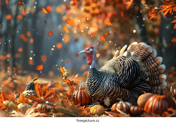 A majestic turkey stands in a field of pumpkins and fallen leaves.