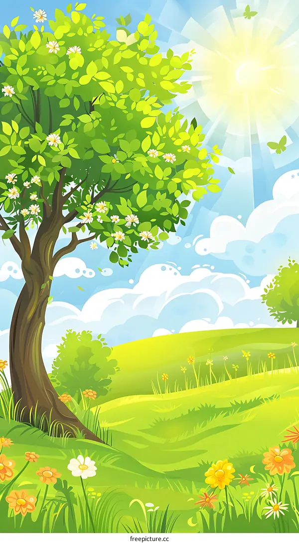 Green Spring Landscape with Sun and Butterflies