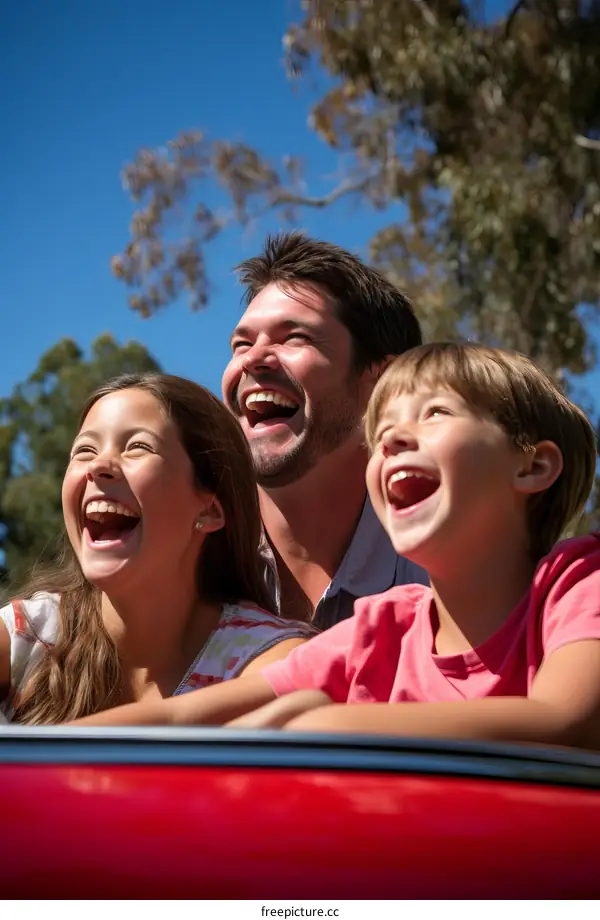 Family of three laughing in a convertible car