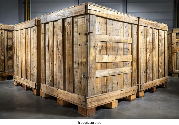 Wooden crates stacked in a warehouse