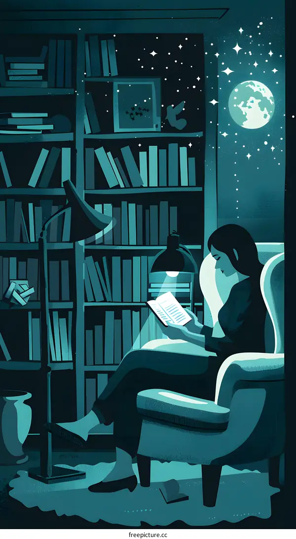 Woman Reading Book in a Library with Starry Night Sky