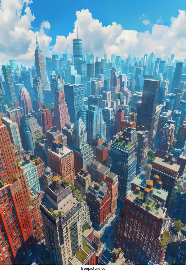 Towering Skyscrapers and a Blue Sky in a Bustling Metropolis