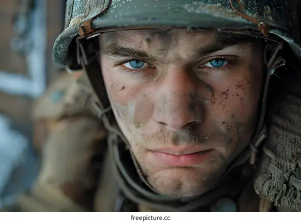 Close Up Portrait of a Dirty Soldier in a Helmet