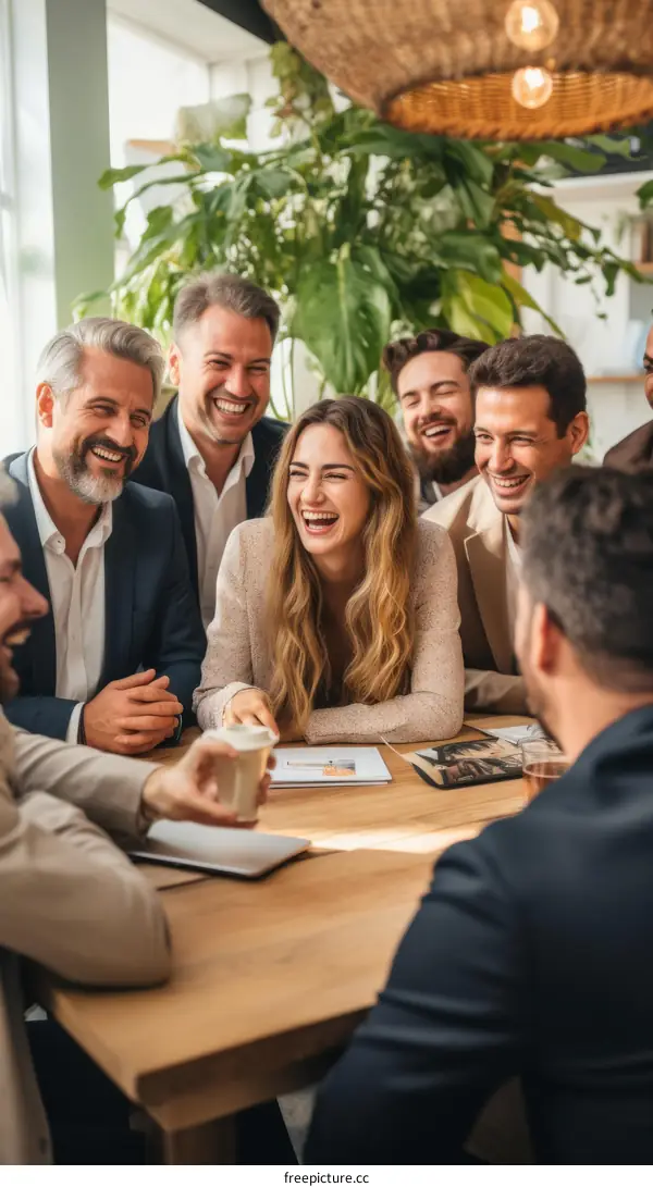A group of business professionals having a meeting and laughing