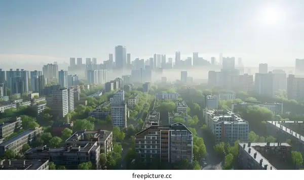 A beautiful cityscape with lush greenery and a clear blue sky