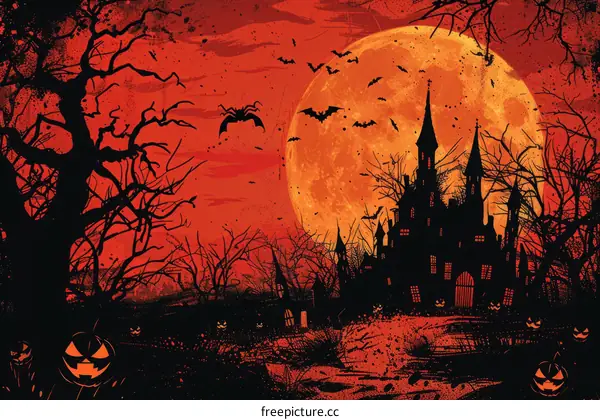 Illustration of a haunted house with bats flying around it