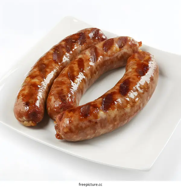 three grilled sausages on a white plate