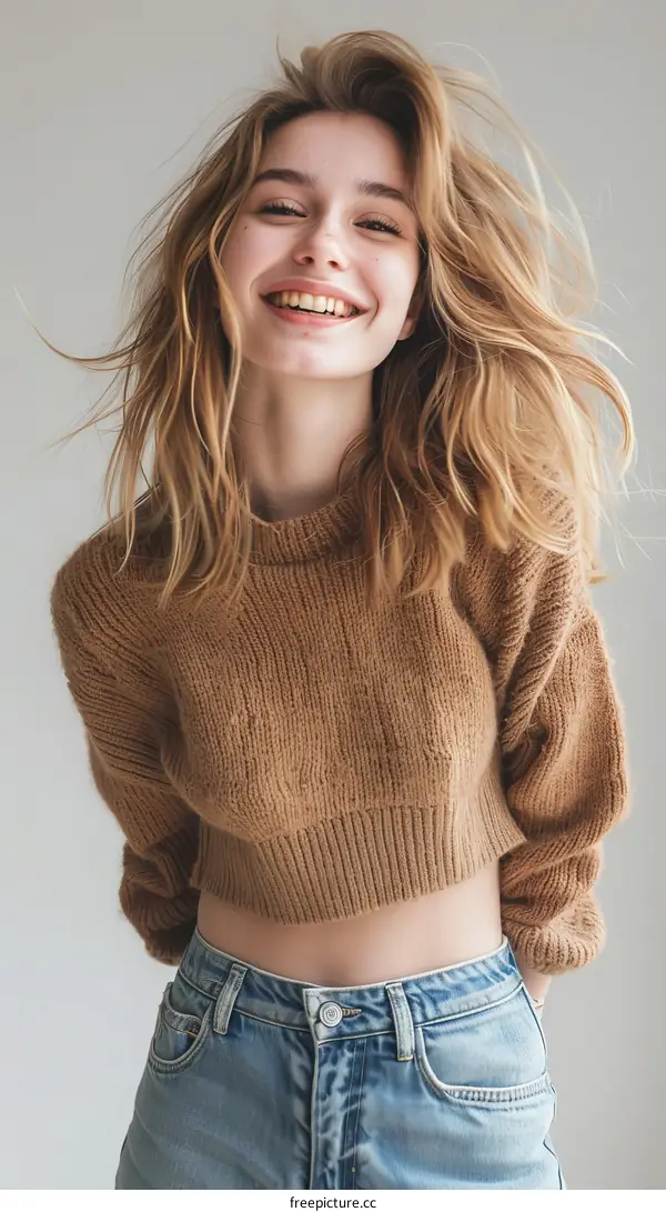 Portrait of a blonde woman in a brown sweater